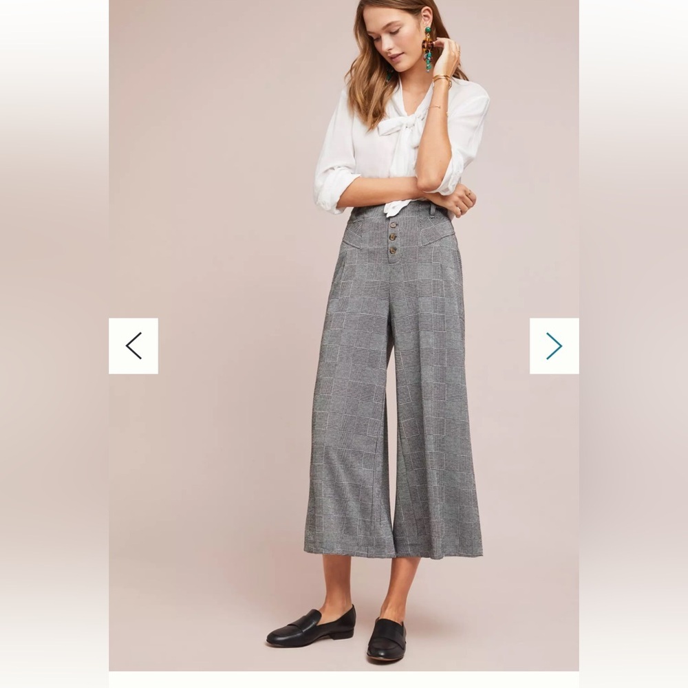 High-Waist Gray Plaid Wide-Leg Cropped Pants